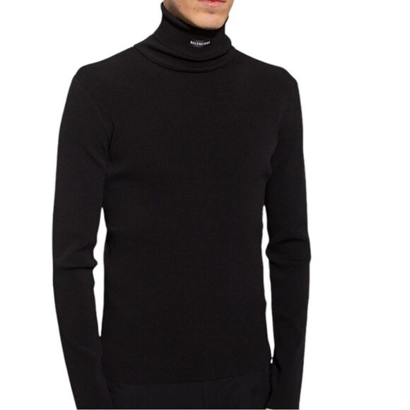 Balenciaga‎ Unisex Knit Ribbed Logo Patch Turtleneck Jumper Black Size Small - Picture 1 of 15